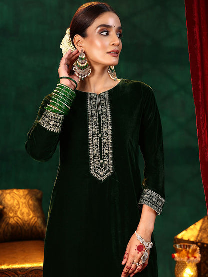 Floral Yoke Design Straight Sequinned Velvet Kurta with Trousers & With Dupatta