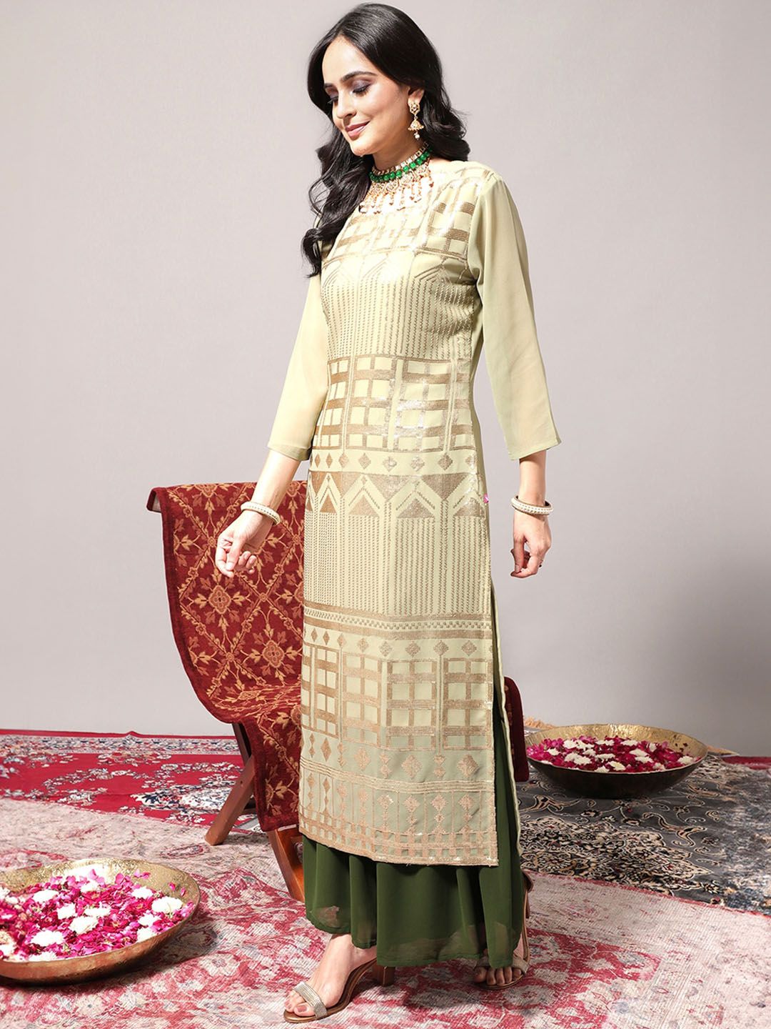Dhiyona KL Embroidered Regular Sequinned Kurta With Palazzos & Dupatta