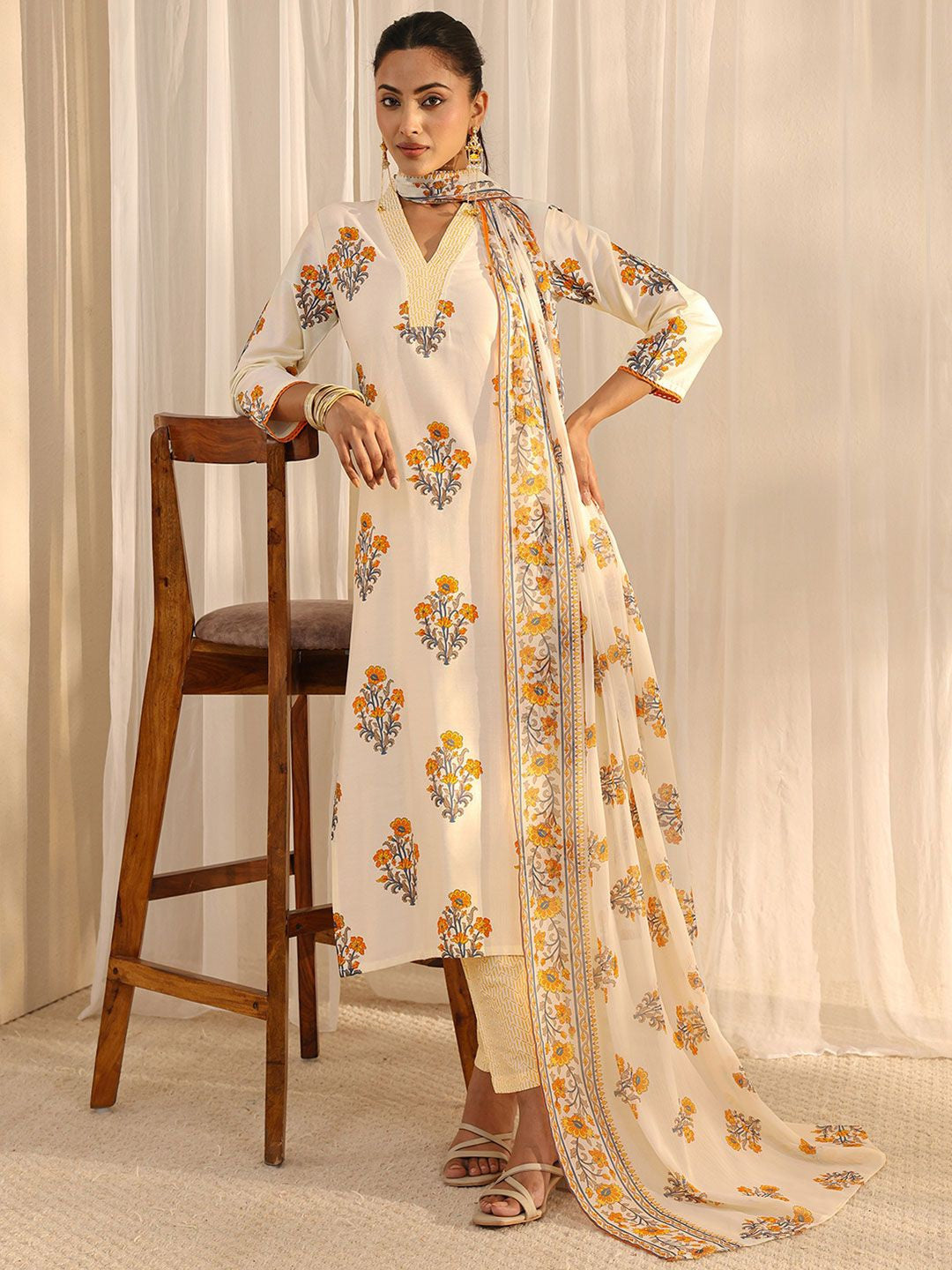 Off White Floral Printed Chanderi Silk Straight Suit Set with Dupatta
