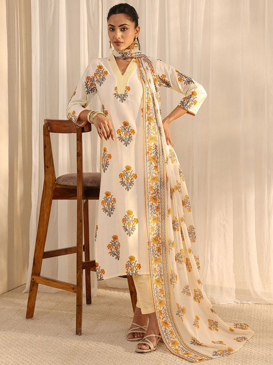 Off White Floral Printed Chanderi Silk Straight Suit Set with Dupatta