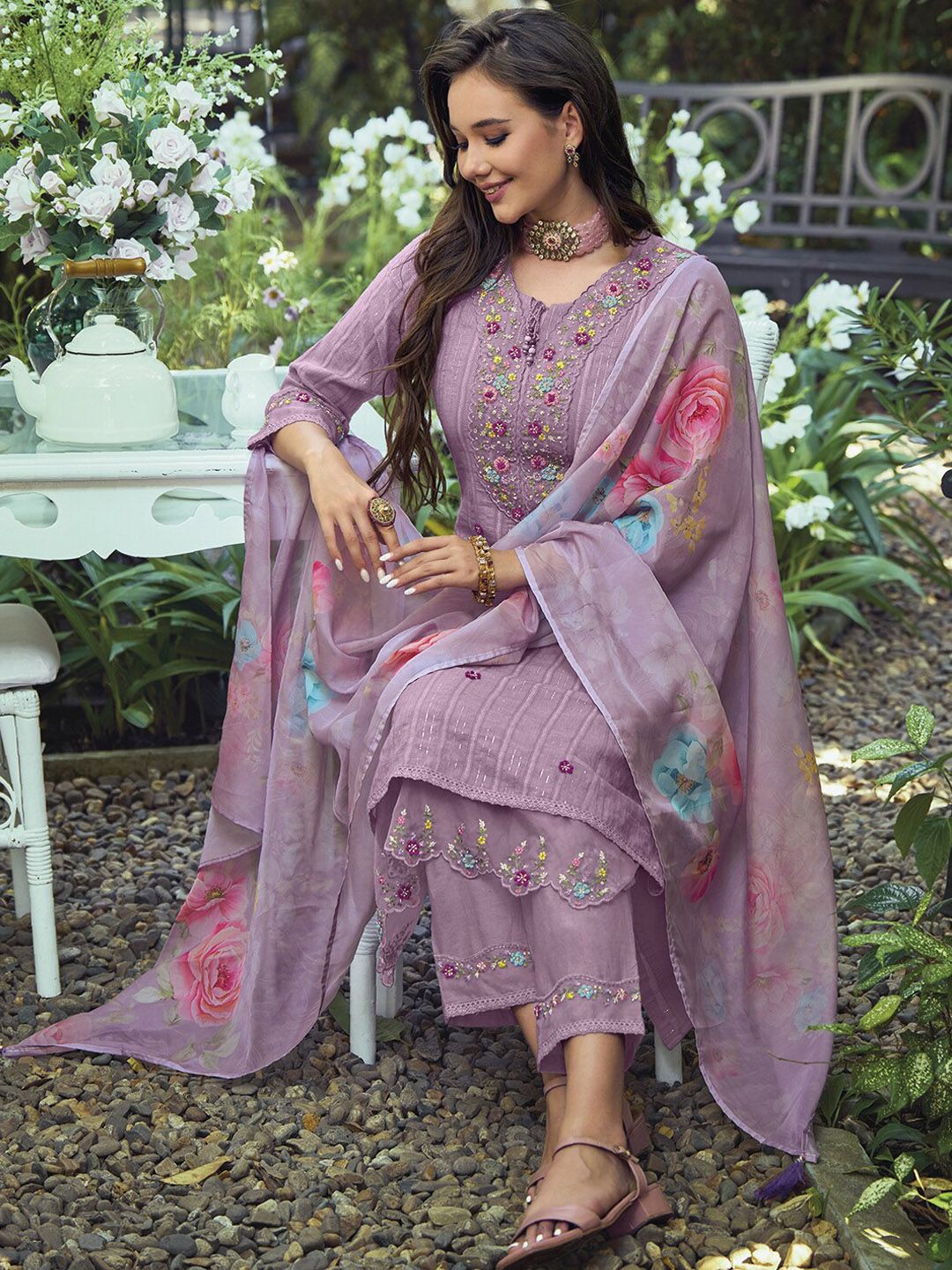 Dhiyona IE Lavender & Red Floral Embroidered Pure Cotton Kurta With Trousers & Dupatta