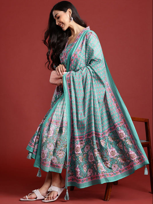 Dhiyona IE Women Floral Printed Empire Sequinned Pure Cotton Kurta With Trousers & Dupatta