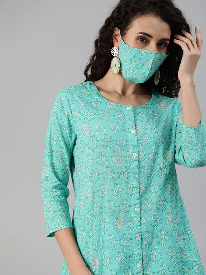 Dhiyona IS Women's Women Turquoise Blue White Printed Sequinned A-line Kurta Set