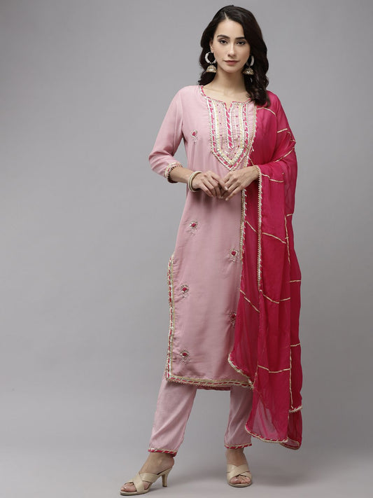 Dhiyona IS Women's Women Pink Floral Embroidered Regular Gotta Patti Pure Silk Kurta with Trousers & With Dupatta