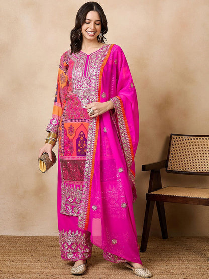 Dhiyona KL Floral Embroidered Regular Beads & Stones Kurta With Palazzos & Dupatta