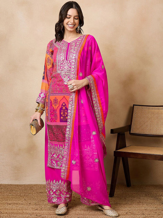 Dhiyona KL Floral Embroidered Regular Beads & Stones Kurta With Palazzos & Dupatta
