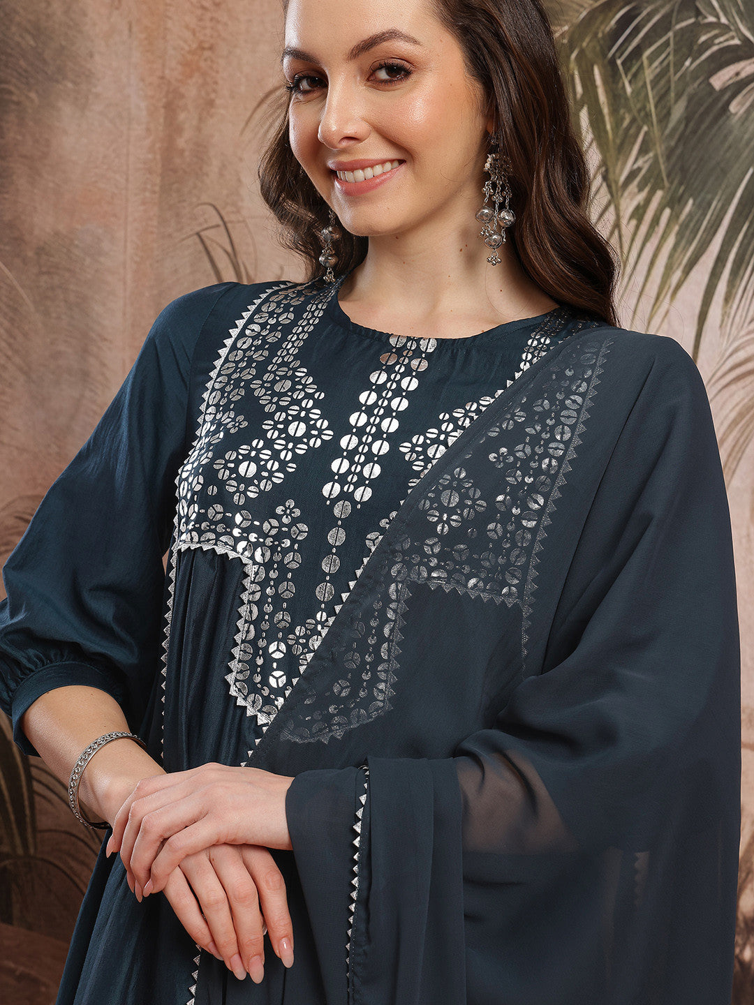 Ethnic Motifs Foil Print Gotta Patti Detail A-Line Kurta with Salwar & Dupatta
