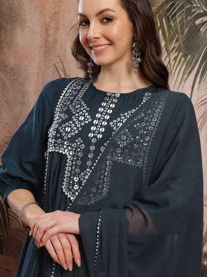 Ethnic Motifs Foil Print Gotta Patti Detail A-Line Kurta with Salwar & Dupatta