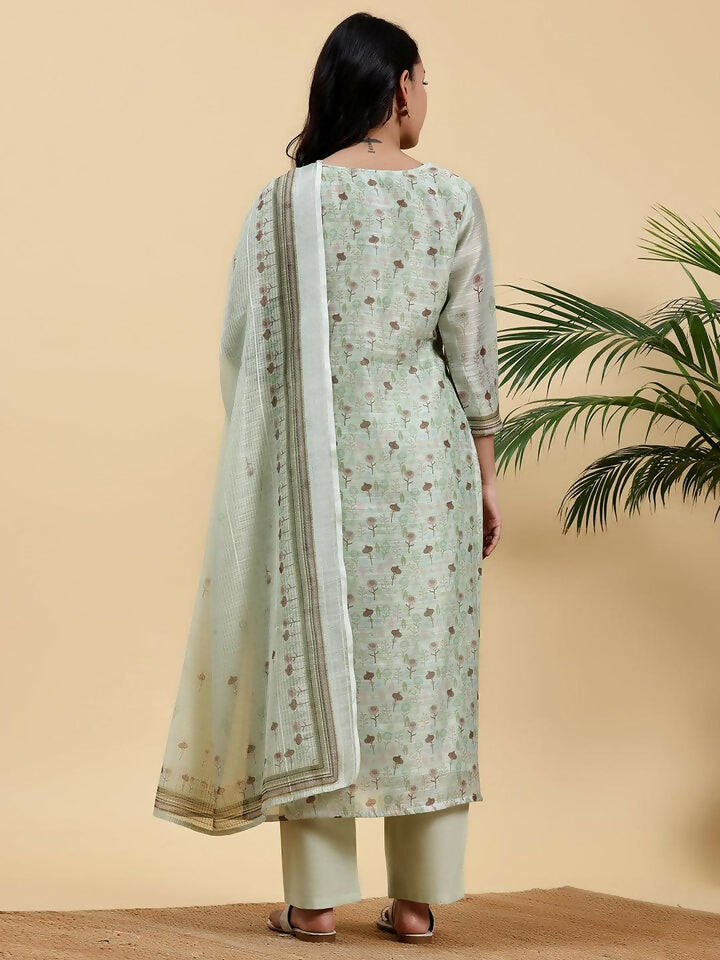 Women's LB Green Printed Chanderi Silk Pakistani Suit