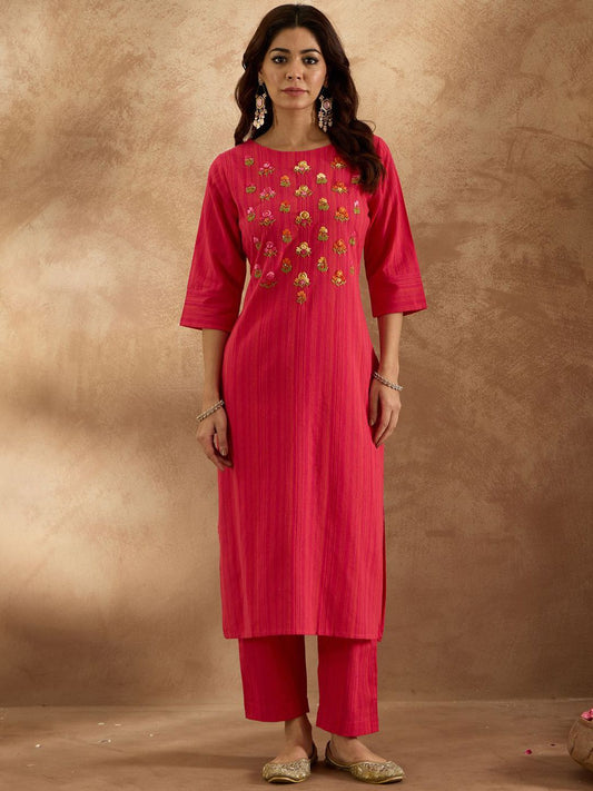 Dhiyona IE Women Floral Embroidered Regular Thread Work Pure Cotton Kurta with Trousers