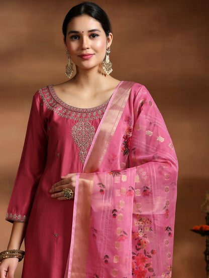 Women's LB Pink Embroidered Silk Blend Straight Suit With Dupatta