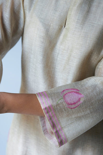 Women's Beige and Pink Woven Kurta Suit Set With Delicate Hand Work Detailing
