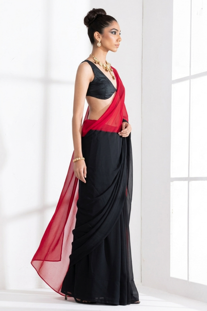Dhiyona ST Black and Red Georgette Triangle Saree with Blouse Fabric