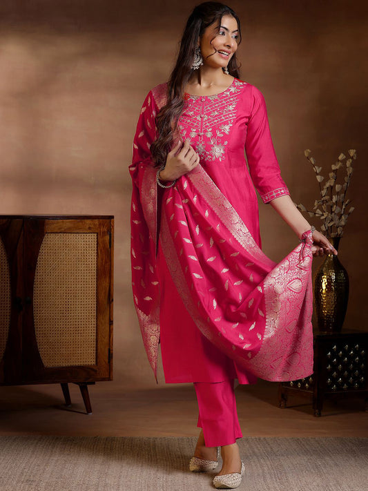Ethnic Motifs Yoke Design Zari Work Straight Kurta With Trousers & Dupatta