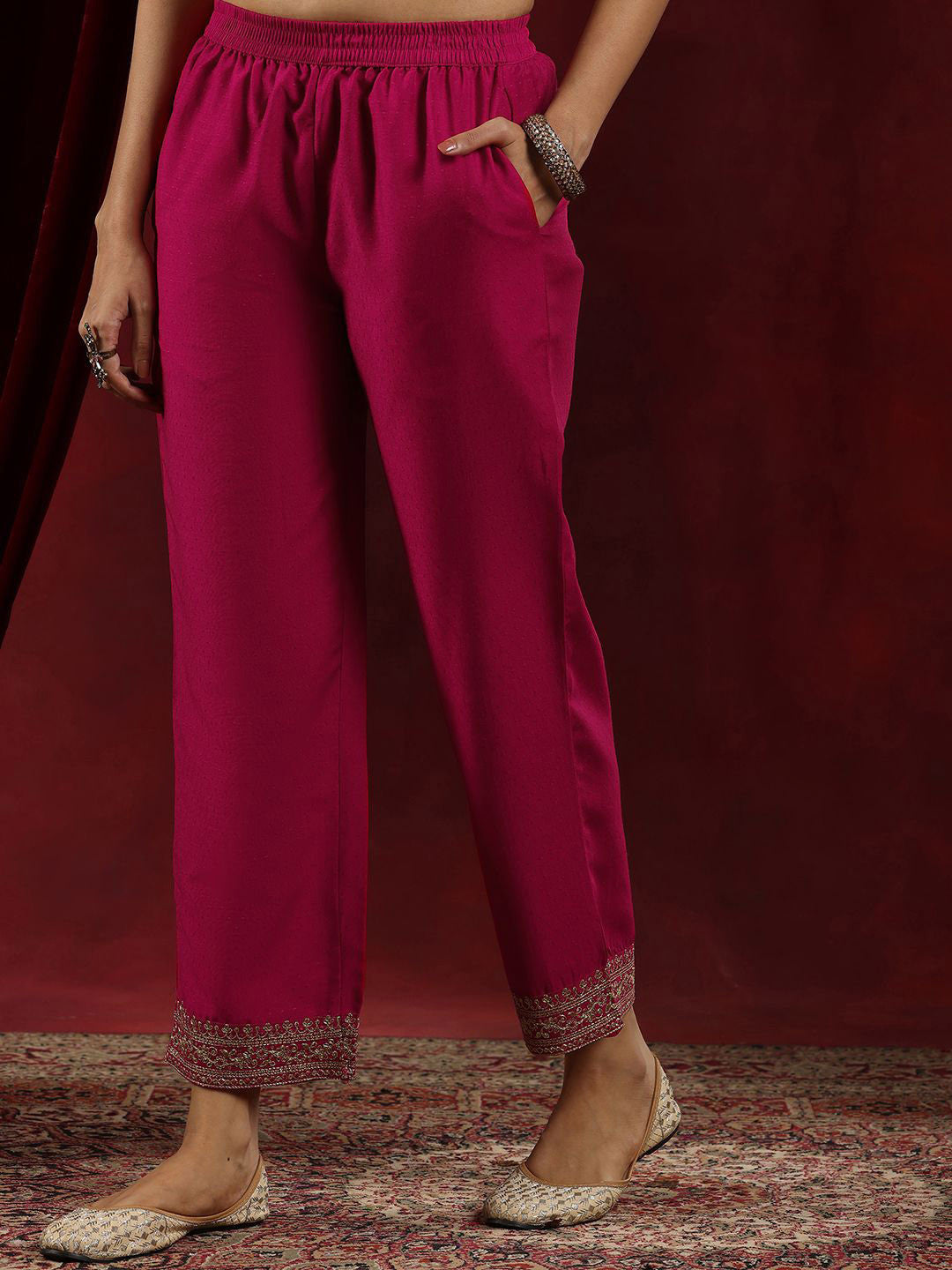 Pink Floral Yoke Design Mandarin Collar Dobby Weave Kurta with Trousers & Dupatta