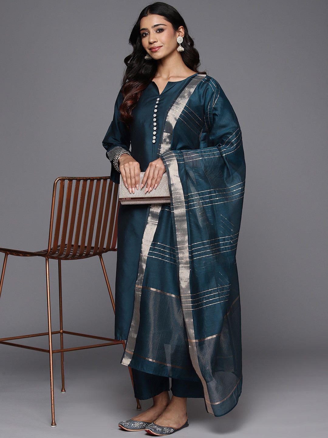 Women Solid Regular Kurta with Trousers With Dupatta