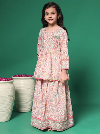 Indra Salmon Printed kids Cotton Kurta skirt set