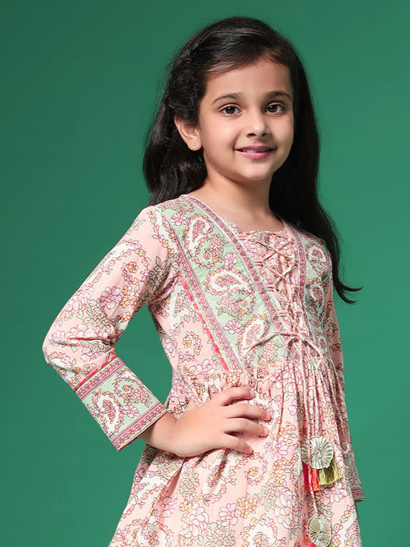Indra Salmon Printed kids Cotton Kurta skirt set