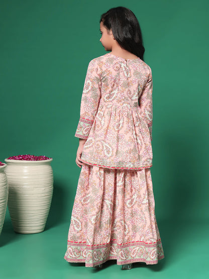 Indra Salmon Printed kids Cotton Kurta skirt set