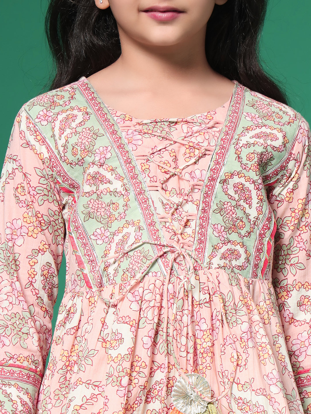 Indra Salmon Printed kids Cotton Kurta skirt set