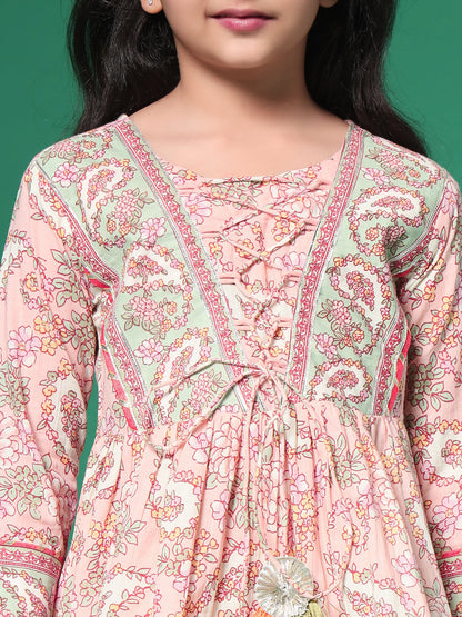 Indra Salmon Printed kids Cotton Kurta skirt set