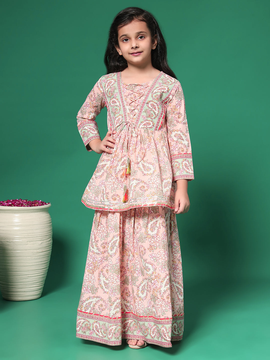 Indra Salmon Printed kids Cotton Kurta skirt set
