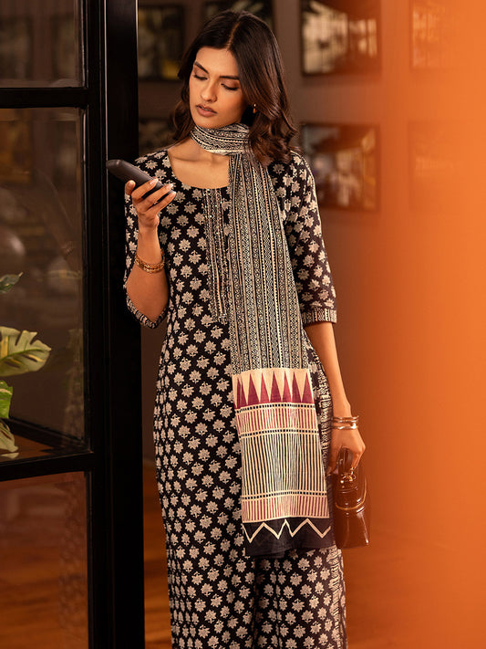 Black Floral Ajrakh Printed Round Neck Straight Kurta With Trouser And Dupatta