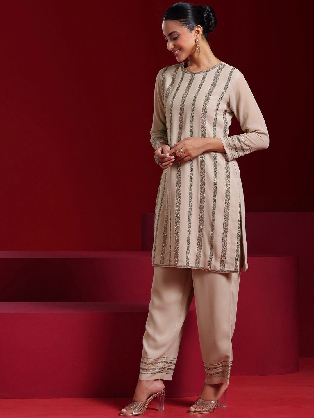 Dhiyona LL Striped Regular Beads and Stones Kurta with Palazzos & With Dupatta