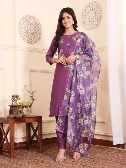Dhiyona VA Women's Floral Printed Regular Beads and Stones Kurta with Trouser & Dupatta