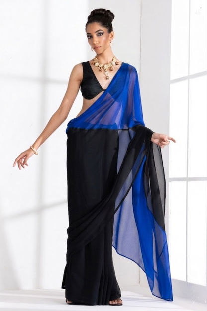 Dhiyona ST Black and Blue Georgette Triangle Saree with Blouse Fabric