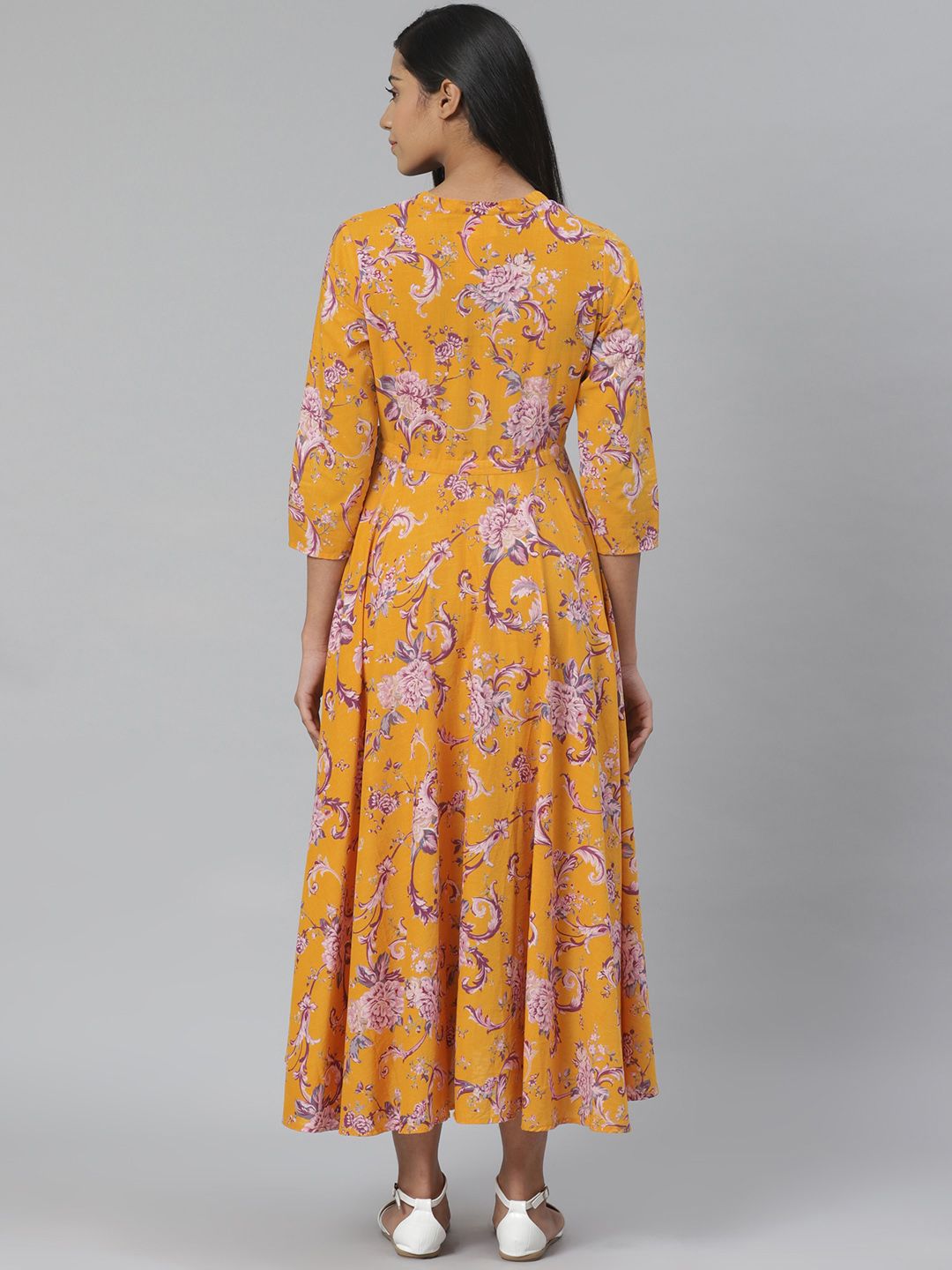 Dhiyona AY Women's Mustard Yellow & Purple Floral Printed Pure Cotton Maternity A-Line Dress