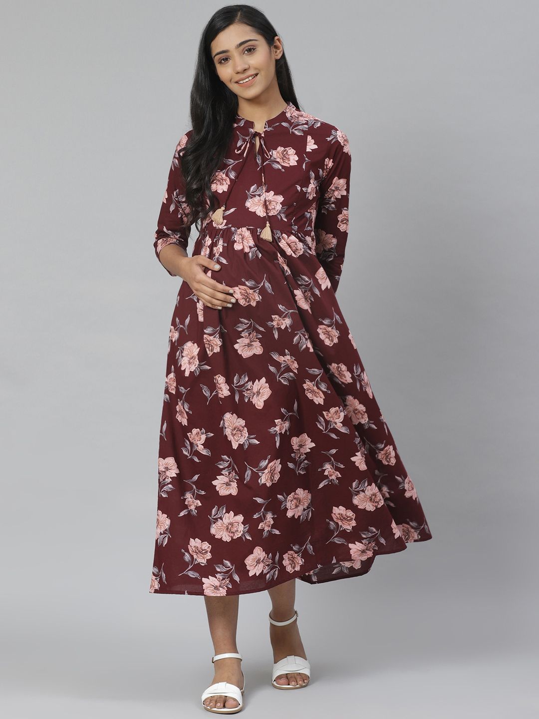 Dhiyona AY Women's Burgundy & Pink Floral Printed Pure Cotton Maternity A-Line Dress