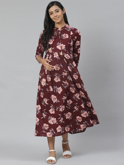 Dhiyona AY Women's Burgundy & Pink Floral Printed Pure Cotton Maternity A-Line Dress