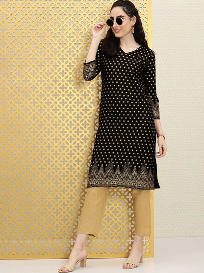 Dhiyona OD  Women Black Ethnic Motifs Printed V-Neck Straight Rozana Kurta