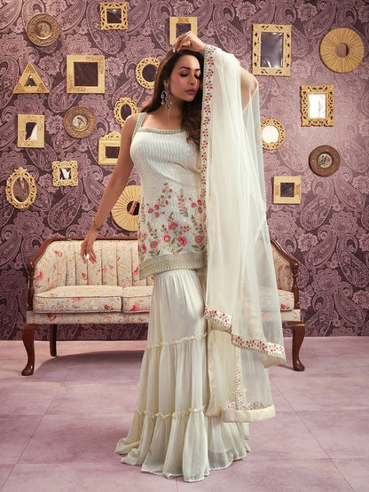 Dhiyona IN Floral Embroidered Georgette Sequinned Straight Kurti & Sharara with Dupatta