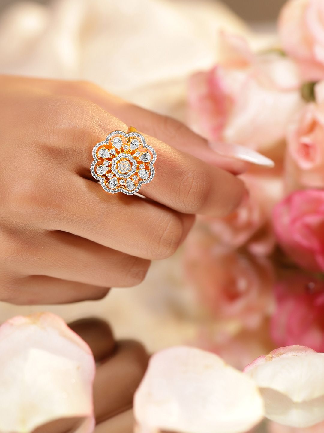 Dhiyona RJ Women's 22K Gold-Plated Floral Design Cubic Zirconia Studded Adjustable Finger Ring