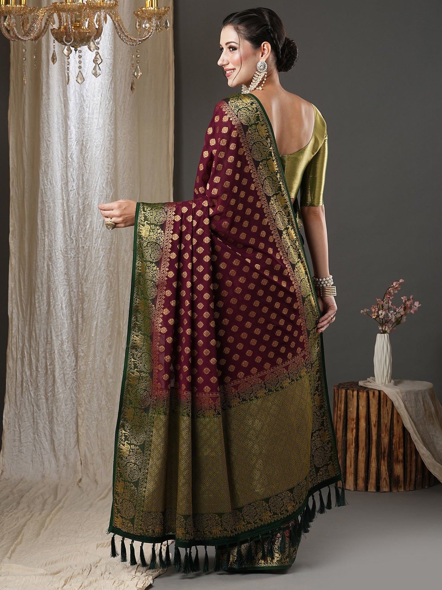 Women's Georgette Burgundy Woven Design Designer Saree With Blouse Piece