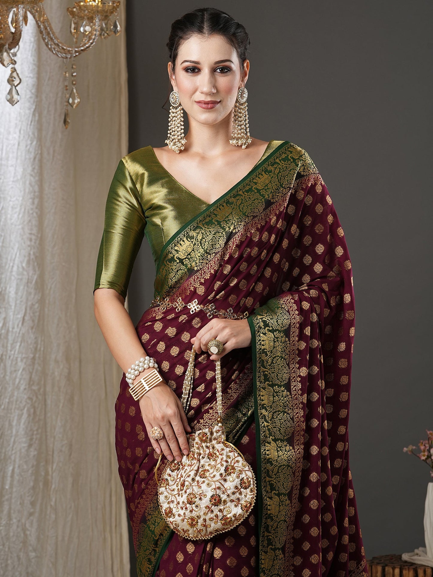 Women's Georgette Burgundy Woven Design Designer Saree With Blouse Piece