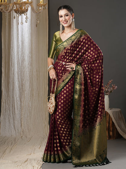 Women's Georgette Burgundy Woven Design Designer Saree With Blouse Piece