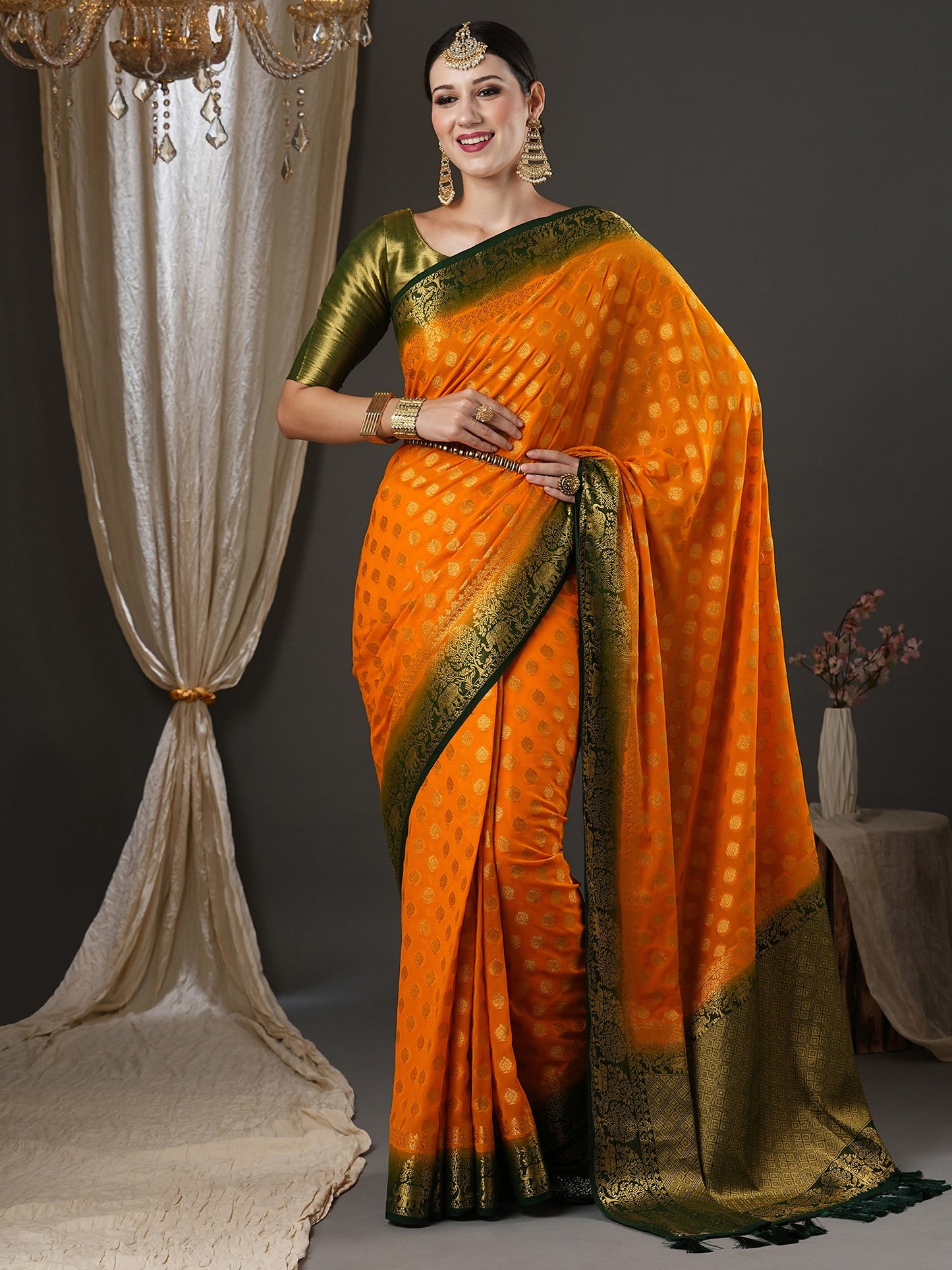 Women's Georgette Yellow Woven Design Designer Saree With Blouse Piece