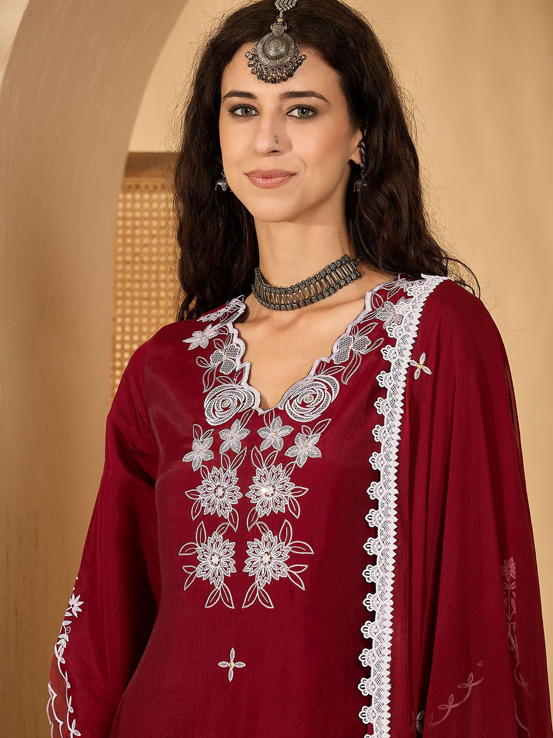 Women Woven Design Embroidered Kurta with Trousers & Dupatta