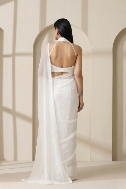 Dhiyona ST White Chiffon Saree with Lace and Blouse Fabric