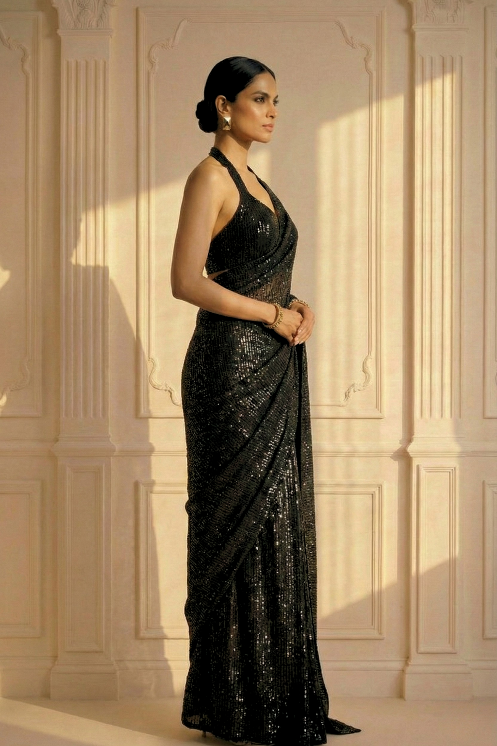 Dhiyona ST Black Muse Knitted Sequin Saree with Blouse Fabric