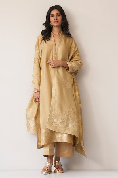 Women's Gold Beige Silk Jacquard Kurta Set