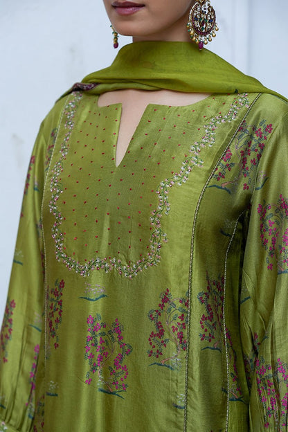 Women's Henna Green Raw Silk Salwar Suit With Organza Dupatta