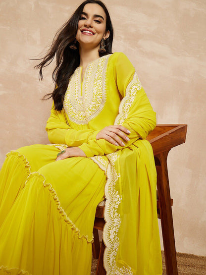 Dhiyona IN Yellow & Gold Toned Yoke Design Embroidered Straight Kurta With Sharara & Dupatta