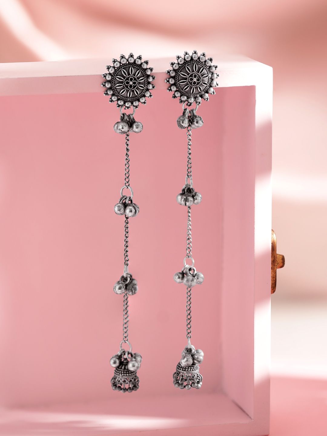 Dhiyona RJ Women's Oxidised Silver Plated Flower Motif & Ghungroo Beaded Shoulder Duster Drop Earrings