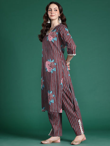 Dhiyona IE Floral Striped Pure Cotton Kurta with Trousers & Dupatta