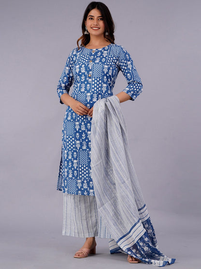 Dhiyona KL Ethnic Motifs Printed Pure Cotton Kurta With Palazzo & With Dupatta