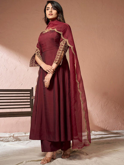 Dhiyona IN Ethnic Motifs Embroidered Pure Silk Kurta with Palazzos & Dupatta